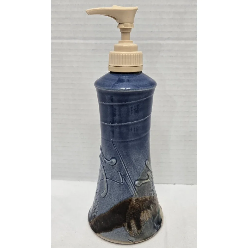 Vintage Studio Art Pottery Soap Dispenser Signed Blue Stoneware Lotion Pump